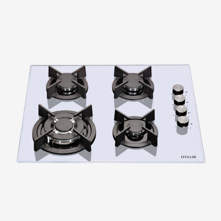 White 60cm 4 burner gas on glass hob - Millar Int'l Ltd