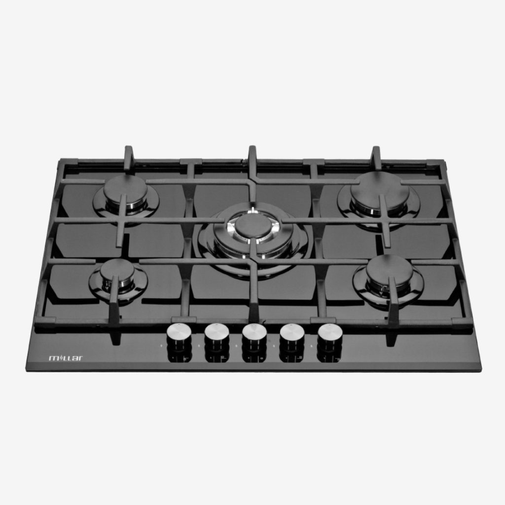 Black 70cm 5 burner gas on glass hob Millar Limited
