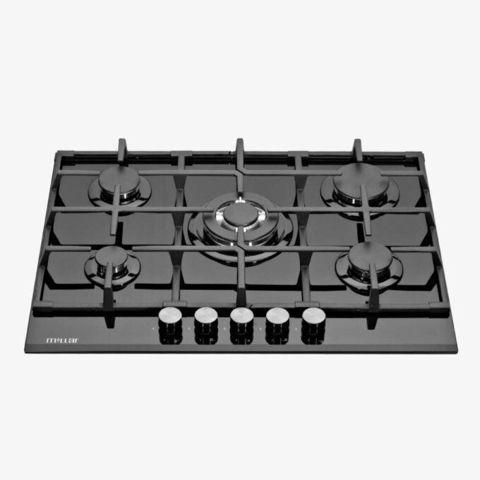 Black 70cm 5 burner gas on glass hob - Millar Int'l Ltd