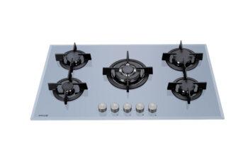 top down photo of grey 90cm glass hob with 5 burners